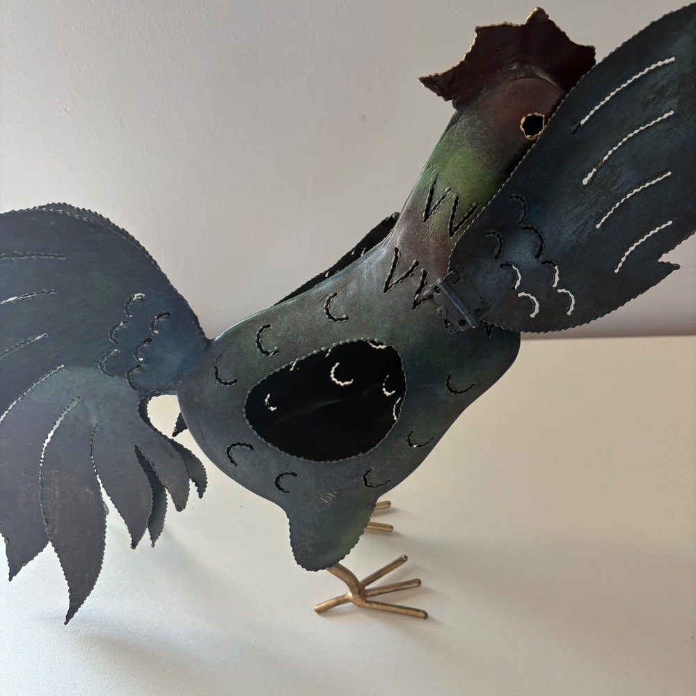 Rooster Tin Folk Art Rustic Farmhouse Country Figurine  13.5" Tall Green Gold - Picture 5 of 7